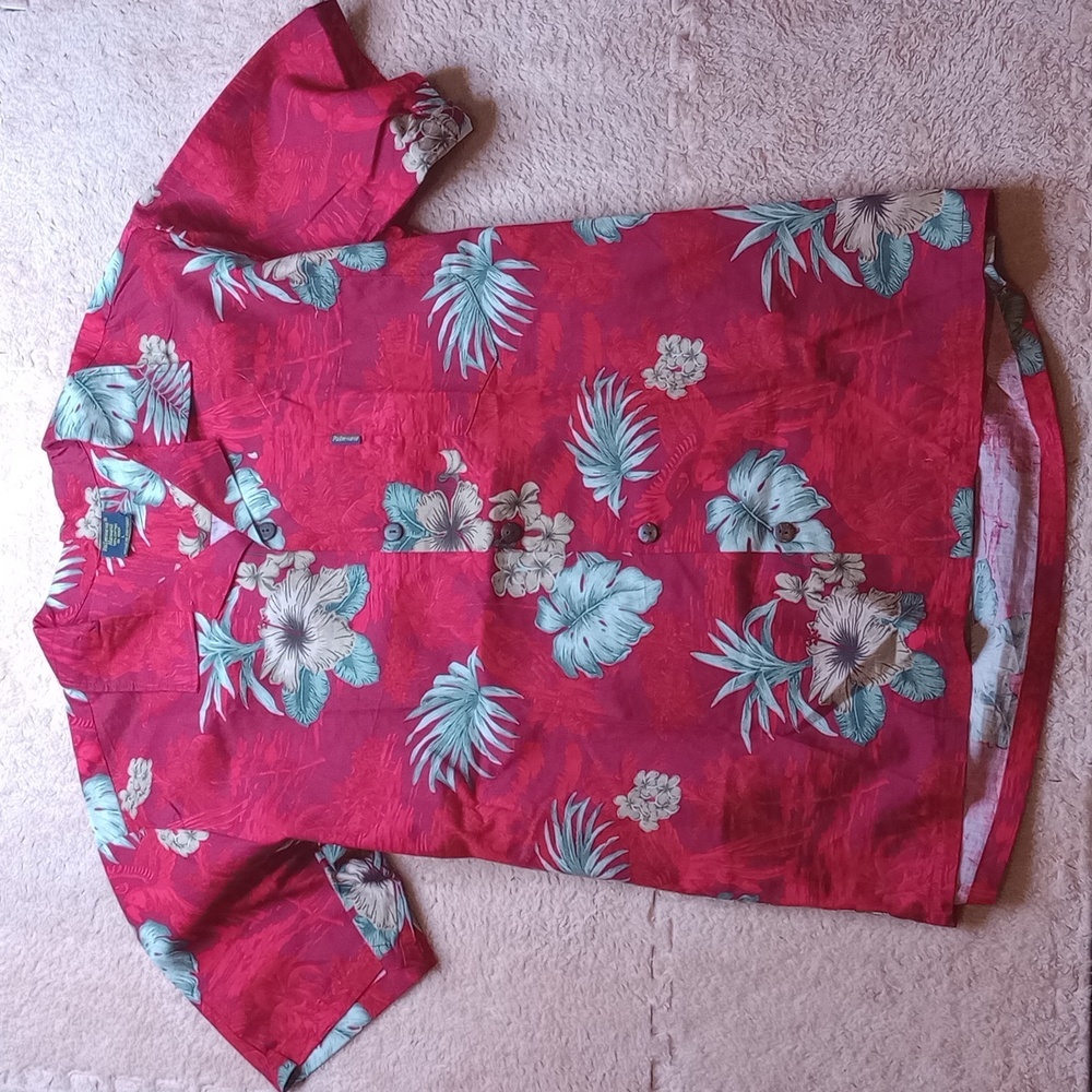 Palmwave Hawaiian Shirt Adult Large Red  100% Cotton Jungle‎ Leaf
